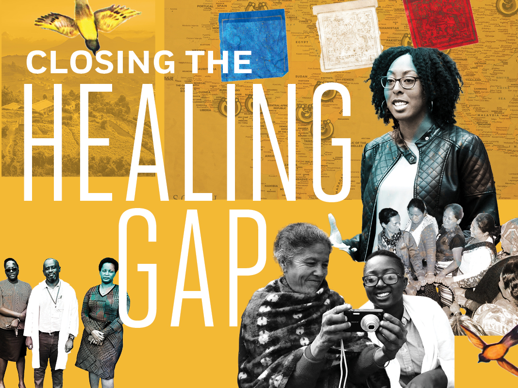 "Closing the Healing Gap" photo collage of researchers, patients, prayer flags, birds and maps
