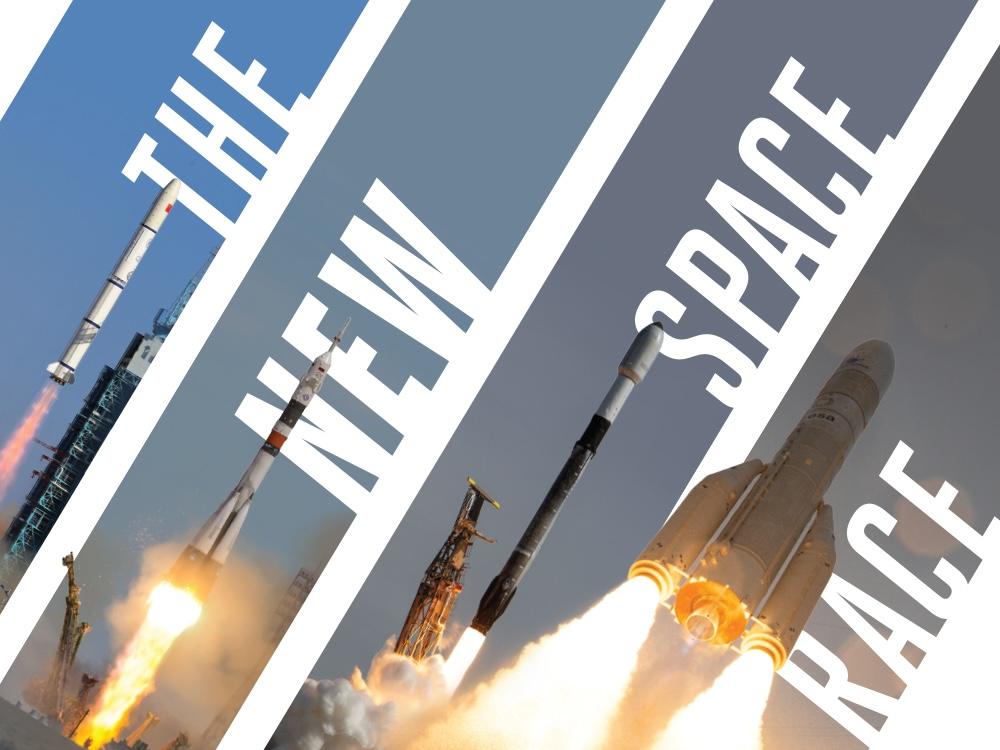 "The New Space Race" with photos of rockets launching
